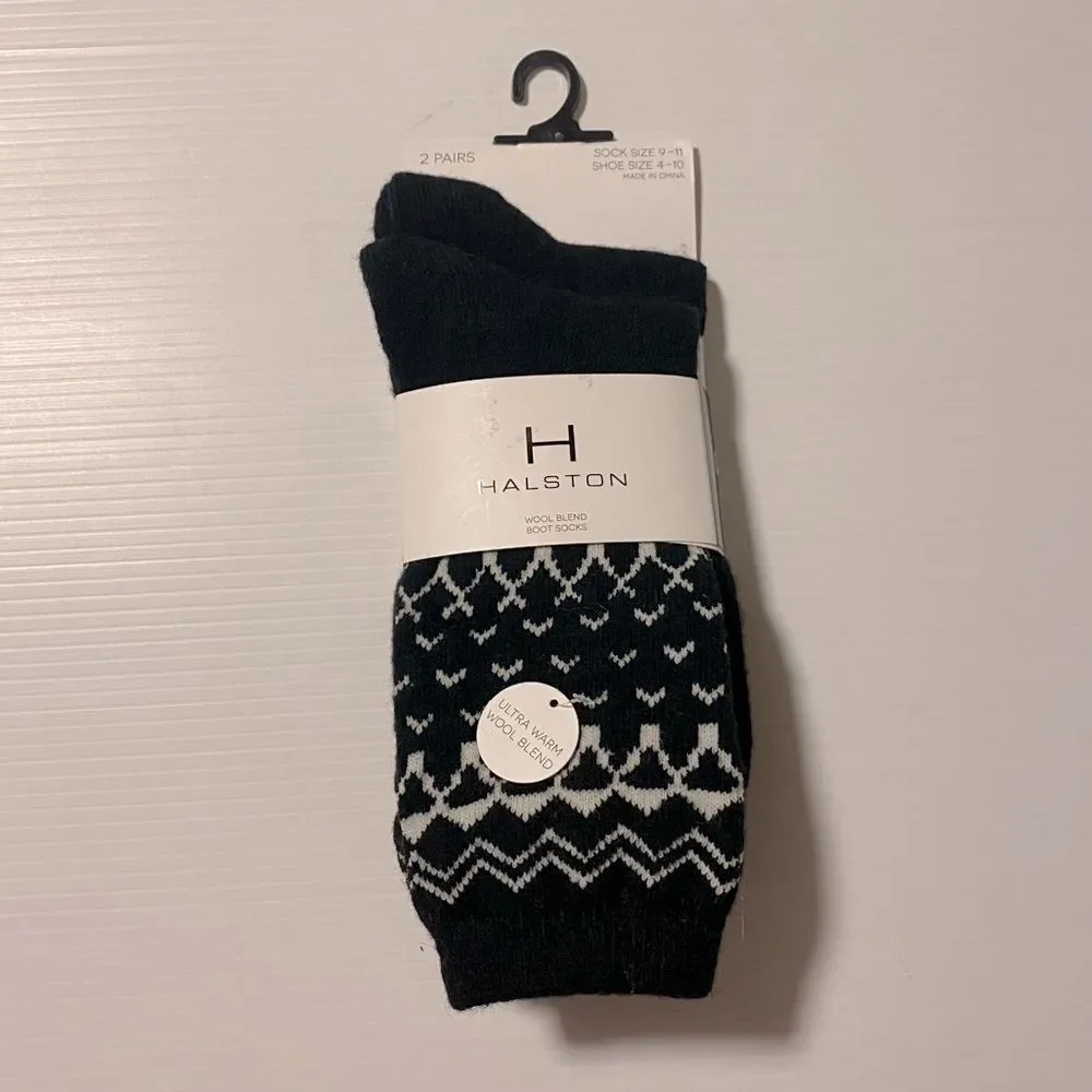 H Halston wool blend socks black/print 2 pairs NEW